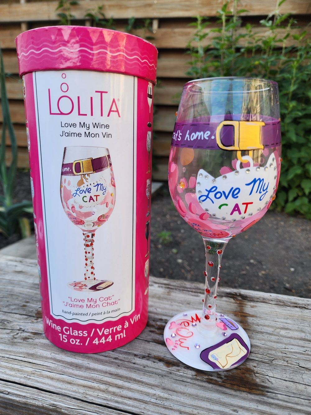 NWT Lolita Pink & Purple 'Love My Cat' Collectible Hand-Painted Wine Glass